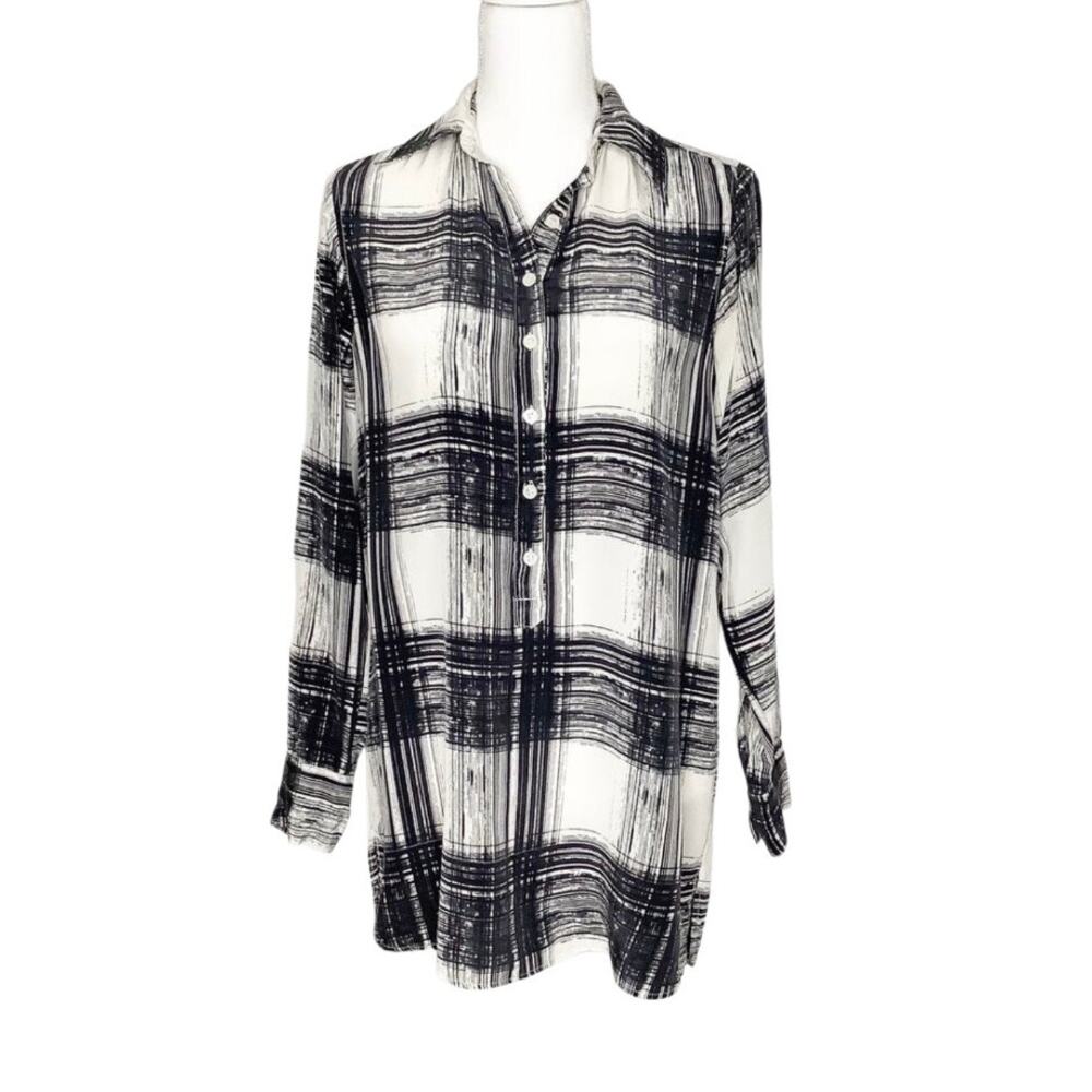 Kal Rieman Ivory Black Brushed Plaid Silk Half Button Tunic Blouse Top 4